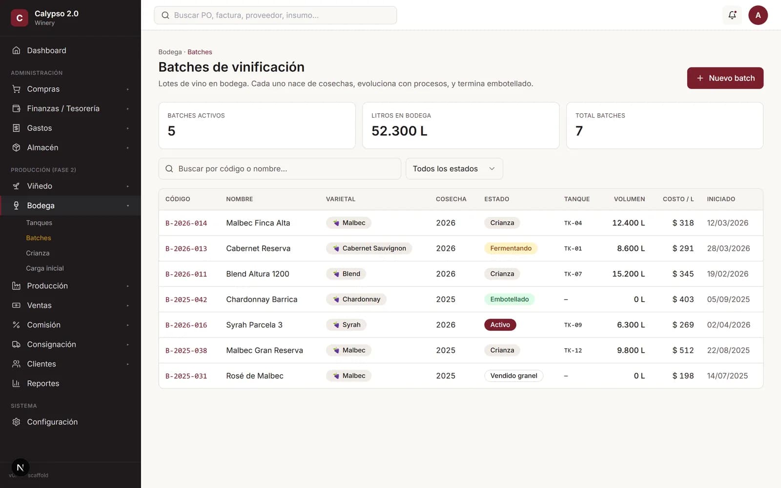 Calypso 2.0 · Bodegas — ERP vertical para la industria del vino
